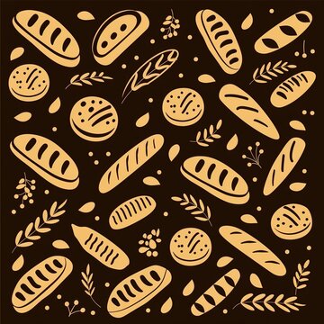 Hand drawn seamless pattern of bread and bakery products. Baked goods background. 