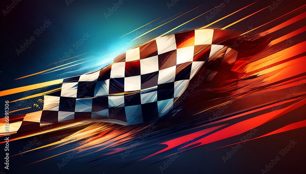 Poster Dynamic checkered flag in motion, symbolizing racing.