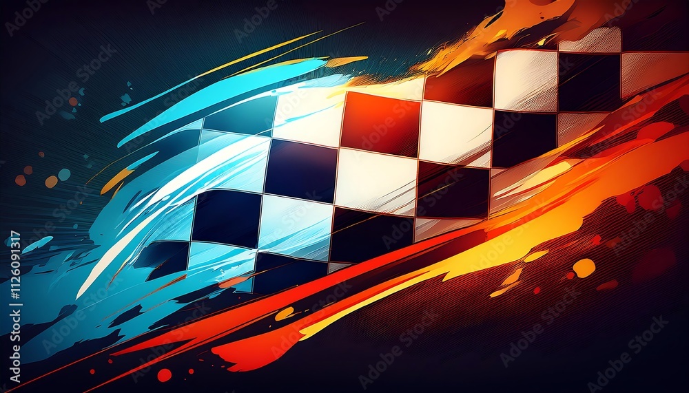 Poster Racing flag with dynamic colorful background.