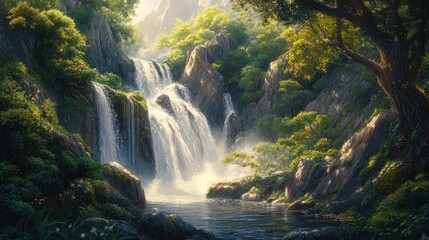 Fototapeta premium Serene Waterfall in Lush Green Forest: A Digital Painting of Tranquil Nature