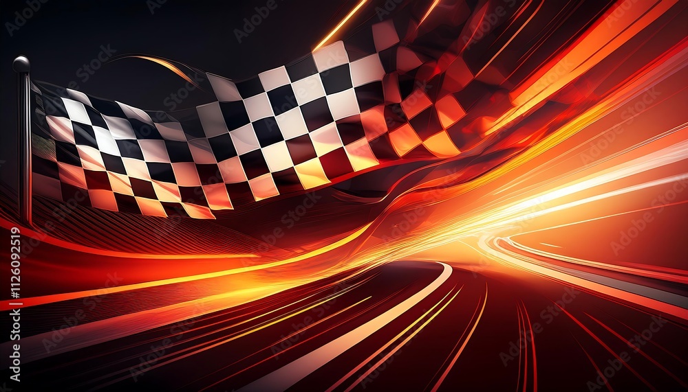 Poster Dynamic racing scene with a checkered flag.