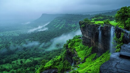 Majestic waterfall cascading down a lush green cliff, mist shrouding the valley below.