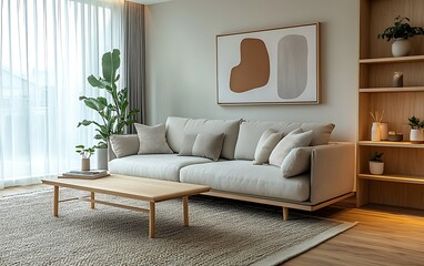 Obraz premium Minimalist living room with beige sofa, wooden furniture, and abstract art.