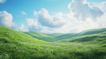 Fototapeta premium Beautiful green hills with big fluffy white clouds in the sky.