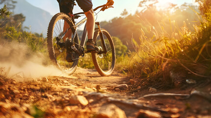 Naklejka premium Mountain biker riding on dusty trail at sunset.