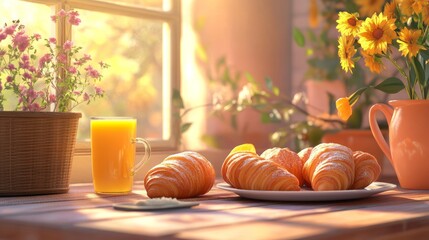 Breakfast Spread: A cheerful breakfast table with croissants, orange juice, and a sunny window.
