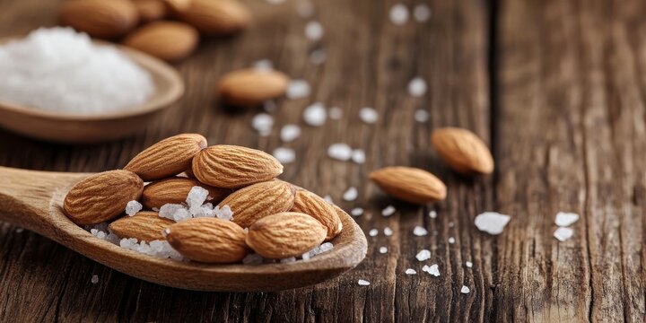 Almonds sprinkled with salt rest in a wooden spoon, beautifully displayed against a rustic wood background. This composition highlights the natural appeal of almonds and salt. - Powered by Adobe