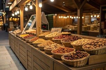 raw nut in basket display in traditional asian market at night