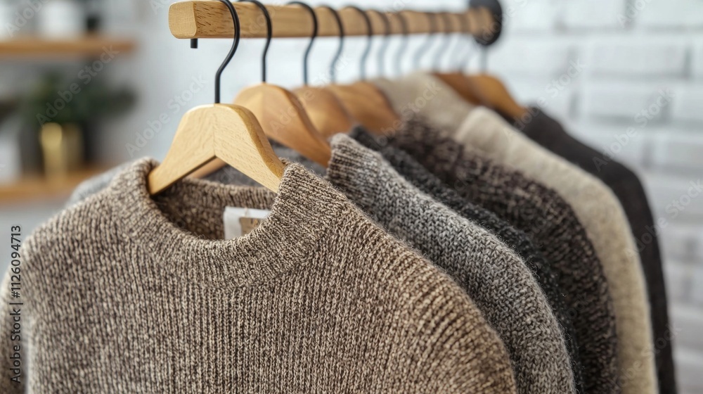 Poster several stylish men's sweaters in mocha mousse color are elegantly displayed on wooden hangers. the 