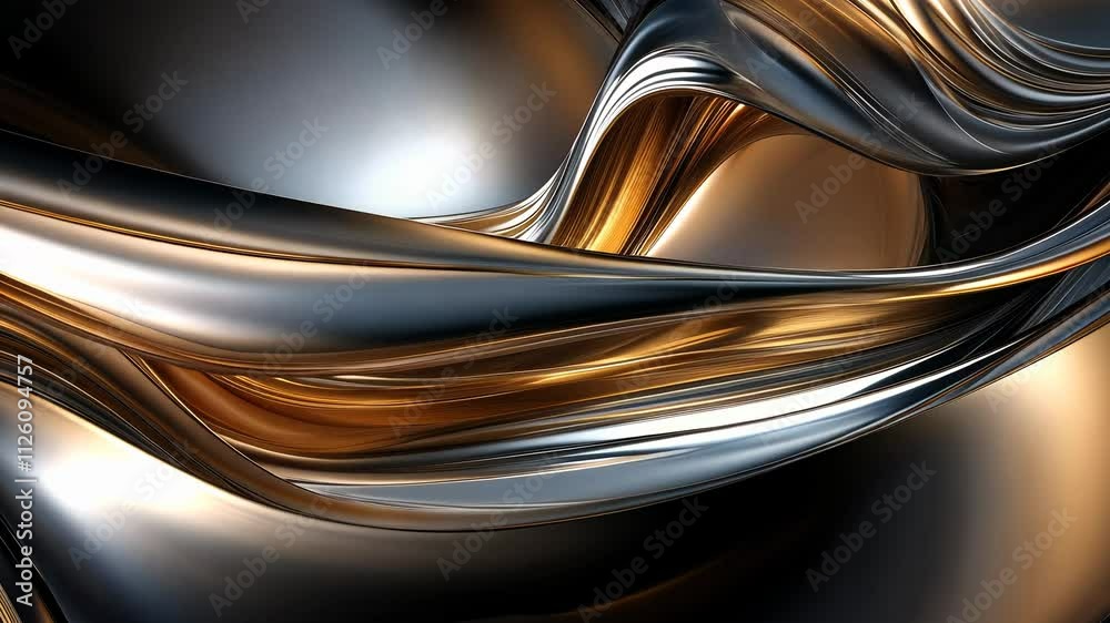 Poster Abstract metallic flowing waves in silver and gold color scheme, 3d rendering. modern art and design concept