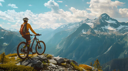 Fototapeta premium Mountain biker pauses atop a peak, admiring a scenic vista of majestic mountains under a vibrant sky.