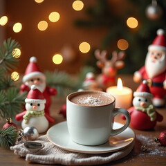 Obraz premium A cozy Christmas scene featuring festive decorations. The mug cup of hot chocolate. The table is decorated with fondant Christmas-themed figures, such as snowmen, Rudolph the Deer, and Santa Claus.