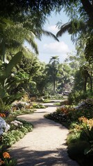 A serene garden path surrounded by lush greenery and vibrant flowers.