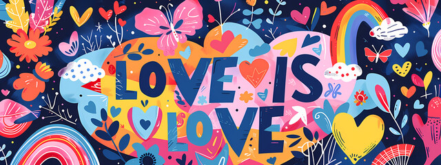 A vibrant and colorful illustration featuring the phrase 'Love is Love' surrounded by whimsical flowers, butterflies, and rainbows.