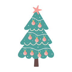 Christmas tree with baubles and garland isolated on white background. Nursery art and Scandinavian style.