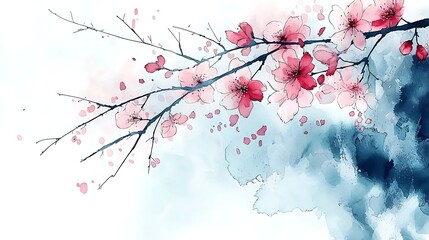 Watercolor Pink Cherry Blossoms Branch  Floral Art  Spring Design