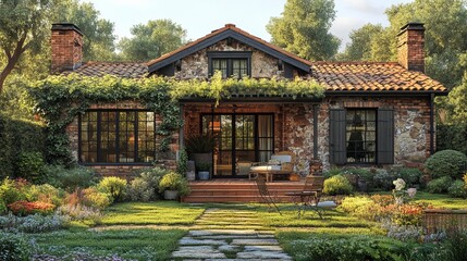 Obraz premium Cozy Stone Cottage Surrounded by Lush Greenery and Colorful Flowers
