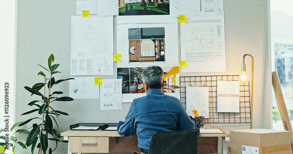 Poster back, woman or idea in office for architecture, design process or blueprint for housing development.