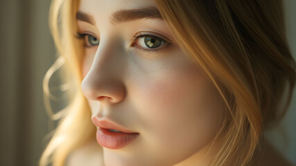 Elegant side profile of a woman showcasing a luminous complexion against a neutral backdrop