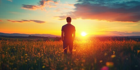 Obraz premium Young man enjoying a beautiful sunset, embracing the serene ambiance created by the beautiful sunset, with vibrant colors illuminating the scene around him during the beautiful sunset.