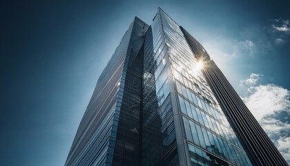 Obraz premium A high contrast shot of a modern skyscraper reflecting the sky, with clean lines and glass facades creating a sleek and architectural aesthetic.