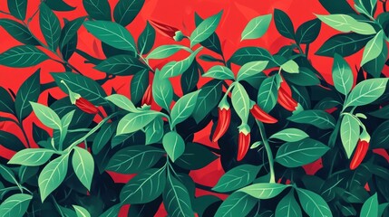 Vibrant Red Chili Peppers and Lush Green Foliage Against a Bold Red Background