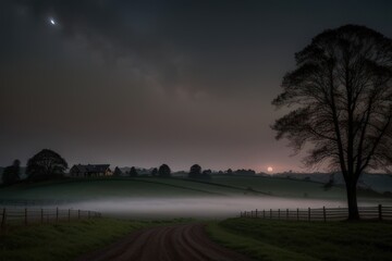 Moonlit Foggy Farm Road
