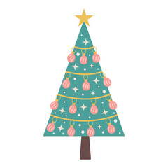 Christmas tree with baubles and garland isolated on white background. Nursery art and Scandinavian style.