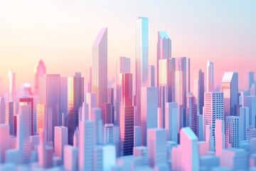 Obraz premium 3D rendering of a modern city skyline with skyscrapers and buildings in pastel colors. Cityscape background,