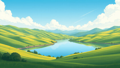 Serene Landscape Featuring Rolling Green Hills and a Calm Lake