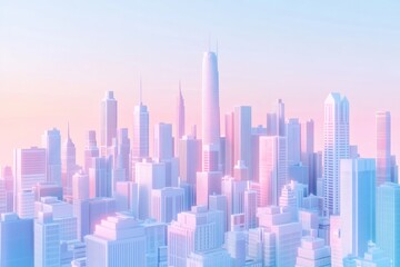 3D rendering of a modern city skyline with skyscrapers and buildings in pastel colors. Cityscape background,