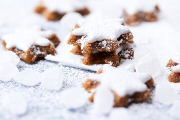 Christmas cookies (cinnamon stars) on bright background. Close up.