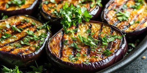Grilled and roasted eggplants present a tasty, delicious seasonal dish featuring a golden exterior, herbs, and fresh greens. Ideal organic food for a vegan dinner or vegetarian lunch. Enjoy healthy