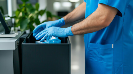 Proper disposal of medical waste by healthcare worker in blue scrubs