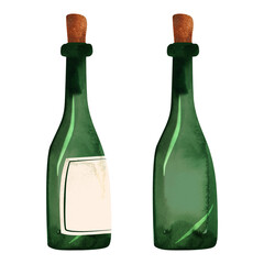 Green glass wine bottle with big cork and white blank label. Winemaking, restaurant business, alcohol for wedding or holiday. Isolated watercolor illustration.