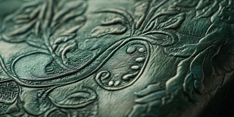 Close up view showcasing the intricate detail of green leather texture. This green leather texture features unique patterns that highlight its natural beauty and softness, inviting close inspection.