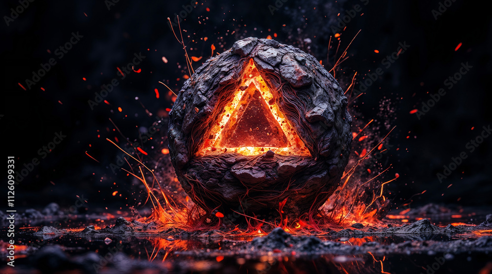 Poster a split meteorite with triangle and liquid lava inside . generative ai