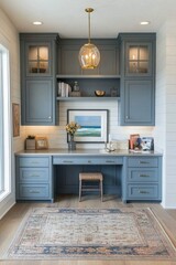 Fototapeta premium Elegant Home Office with Built-in Cabinetry and Cozy Workspace