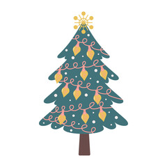 Christmas tree with baubles and garland isolated on white background. Nursery art and Scandinavian style.