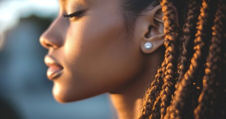Fototapeta premium Close-Up Profile of a Young Woman with Beautiful Braided Hair and Elegant Earrings Capturing the Warm Glow of Sunset Light