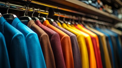 Fototapeta premium A boutique display highlights an array of clothing in trendy mocha shades, showcasing stylish jackets and tops hanging prominently. The warm colors create an inviting and fashionable atmosphere