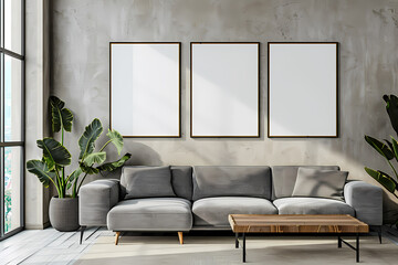 A modern living room featuring a gray sofa, a wooden coffee table, and three empty frames on the wall, beautifully lit by natural sunlight.