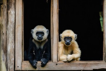 Obraz premium Pair of white-cheeked gibbons sitting in a window structure. One black and one white gibbon. Pair of monkeys in an open window with dark background. 