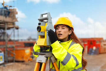 Young apprentice woman surveyor using equipment at a construction site during a sunny afternoon...