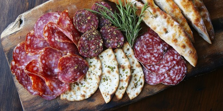 Rustic artisan produce featuring salami and salumi, showcasing a delectable cured meat plate that includes Parma ham, pistachio, and fennel seeds, paired with flatbread and focaccia. - Powered by Adobe