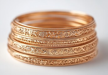 Elegant and Intricate Gold Bangles with Beautiful Engravings Displayed Together on a Light Background for Fashion or Jewelry Related Projects