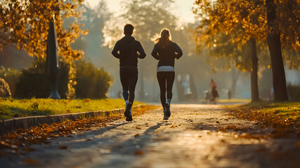 A young couple jogging together as a form of exercise.