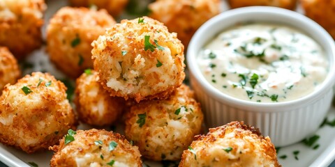Delicious homemade seafood mini crab cake balls served with a tangy tartar sauce, these seafood treats are perfect for any gathering, offering a delightful seafood flavor in every bite.