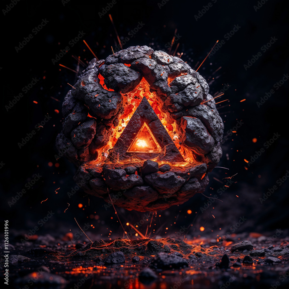Poster a split meteorite with triangle and liquid lava inside . generative ai