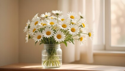 Flores de margaritas blancas sobre un fondo suave y de tonos c&aacute;lidos